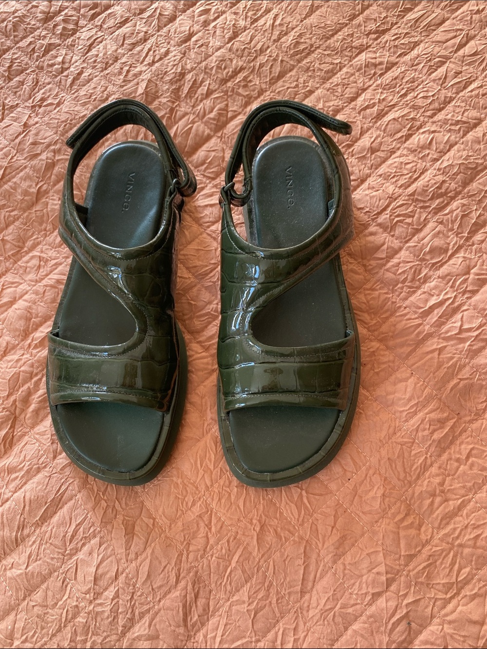 Vince Dark Olive Patent Croc-Embossed Strappy Sandals